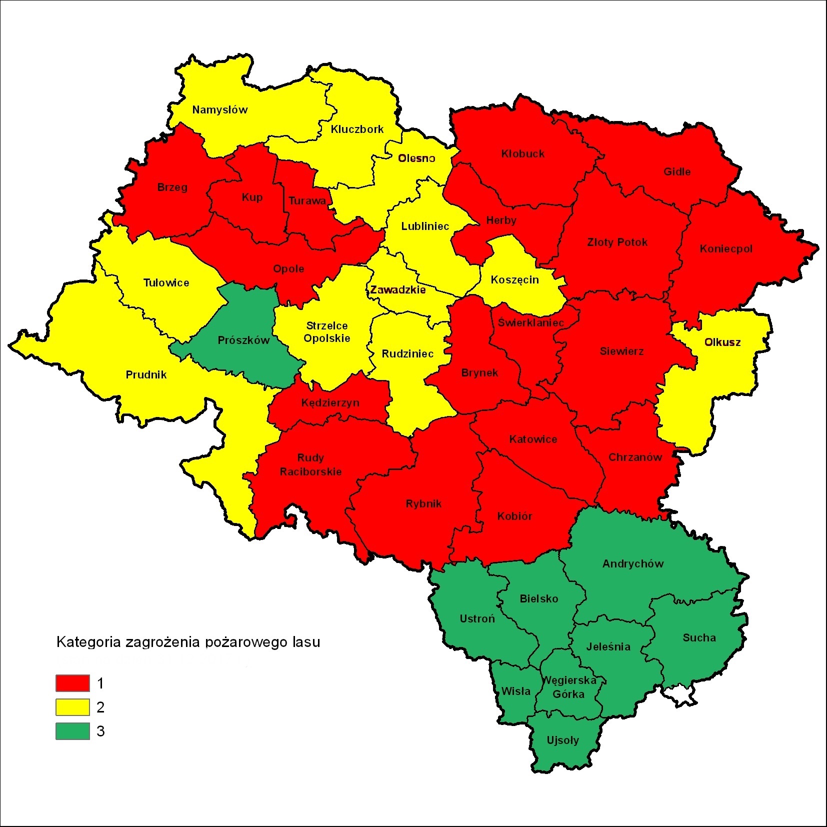 W nadleśnictwach: Olkusz, Rudziniec, Zawadzkie, Prószków zabezpieczenie przeciwpożarowe utrzymywane jest dla kategorii o jeden poziom wyżej, czyli odpowiednio: Olkusz, Rudziniec, Zawadzkie - zabezpieczenie na poziomie I kategorii, natomiast Prószków dla kategorii II